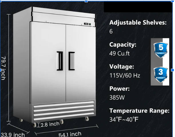 Kool Air US 4" Commercial Reach-In Refrigerator Solid Door Two Section Stainless Steel Refrigerator